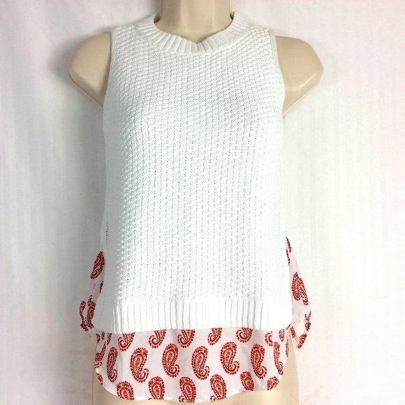 4/$25 LOFT Sweater Vest Knit Sleeveless White Paisley Pattern Trim Petite XXSP - Picture 1 of 14